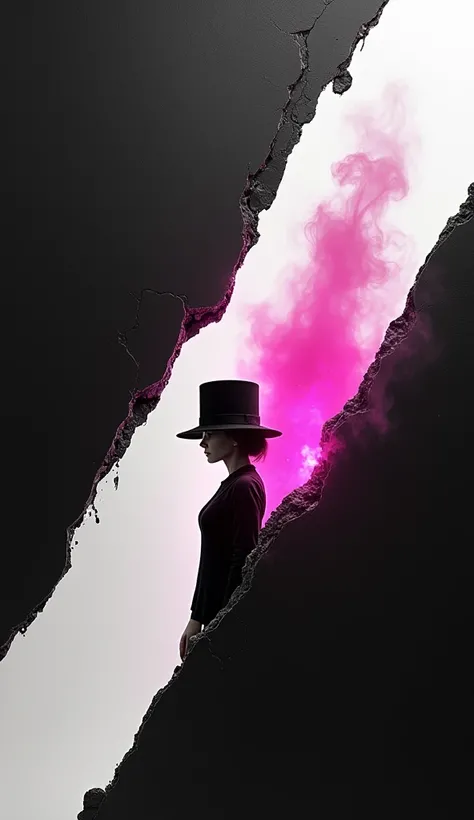    A diagonal split in the form of a crack with a pink flame, one side is black ,  the other is white in the photo ,     monochrome    ,     woman wearing a cylindrical hat on her head  ,  pink flame    ,  ,