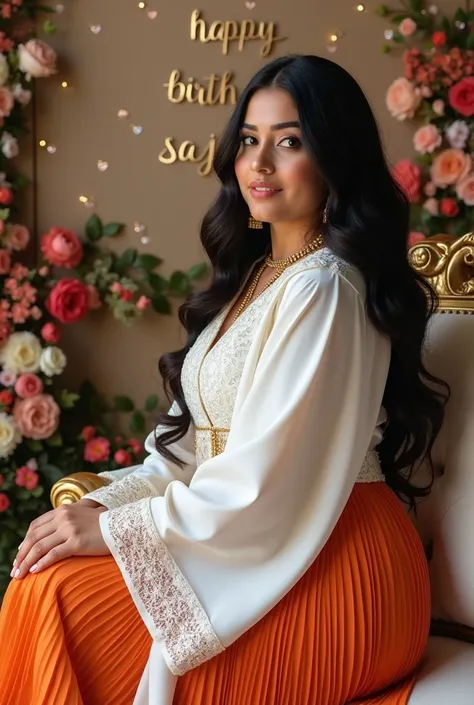 Iranian woman with black hair wearing a long pleated white abaya with wide guipure sleeves, a white shawl, a belt and a pleated orange skirt with large breasts sitting on a luxurious single sofa and a wall decorated with flowers, looking at the camera in t...