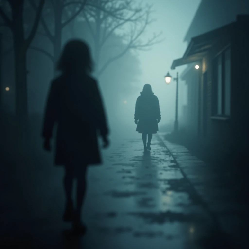 A mysterious and suspenseful background design for a thriller novel. The image features a dark, atmospheric setting with subtle shades of blue, gray, and black. In the foreground, theres a faint silhouette of a young girl, symbolizing the missing girl from...