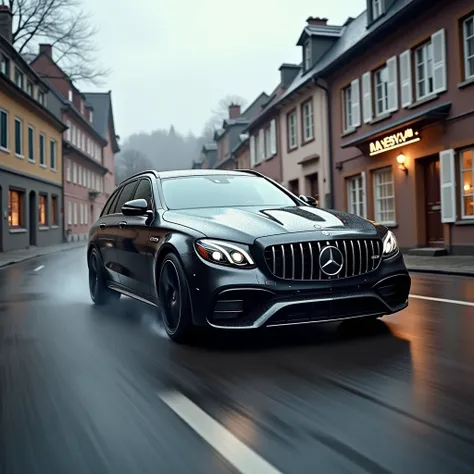 The 2017 Mercedes-AMG E 63 S 4MATIC+ (S213) Wagon drives fast in the middle of a small town in Germany, cloudy, different angles of photo