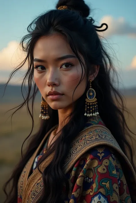 An attractive Mongolian woman , THAT. 30 years, long, wild hair,  clothing in the style of women from the time of Genghis Kahn,  in the background the Mongolian steppe at night  