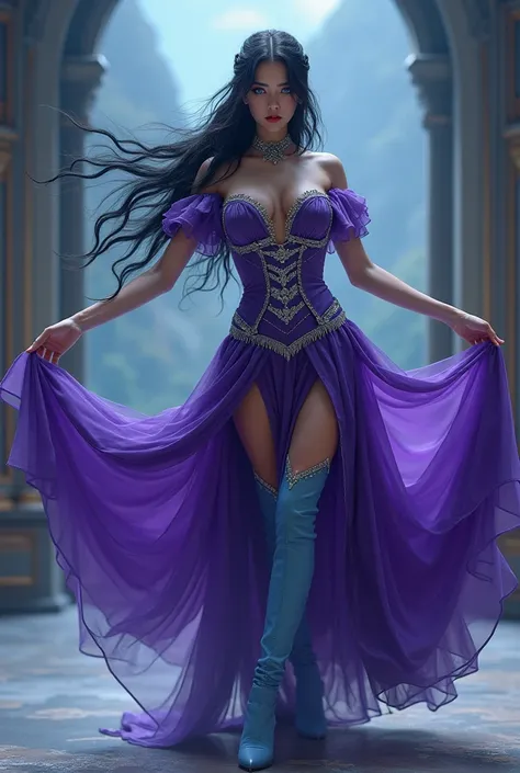  Woman with black hair in front of long hair with a braid, Dancing, purple gothic costume with silver ornaments  ,high forehead,  blue eyes, 27 year old , light blue high boots .  big boobs beautiful legs .in the heights