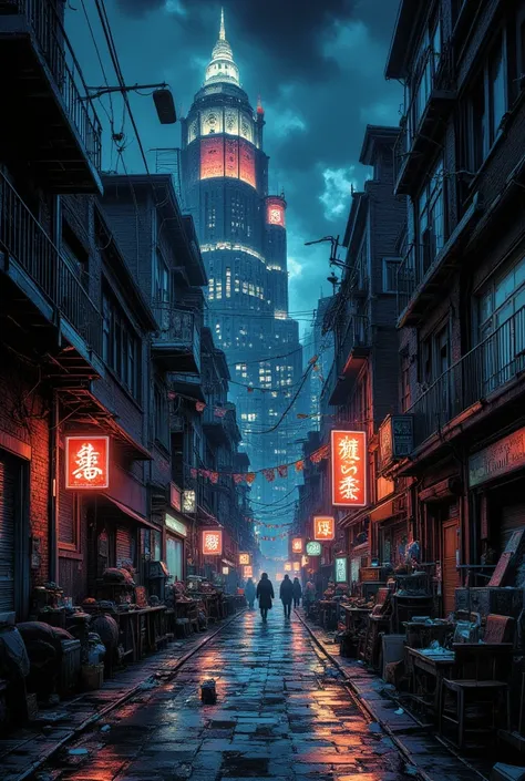  back alley in a high-rise slum with neon lights at night