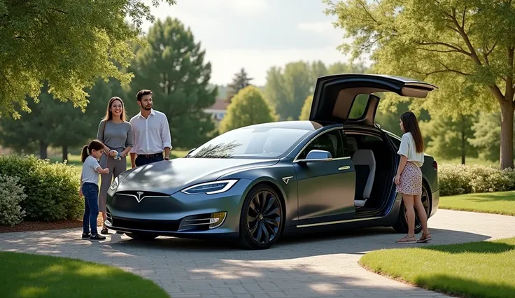 "Create an image of the 2025 Tesla model S/3 parked in a scenic outdoor setting, like a park or a suburban driveway. The car should appear modern, sleek, and clean with visible hybrid design elements. A happy family of four (two adults and two s) is around...