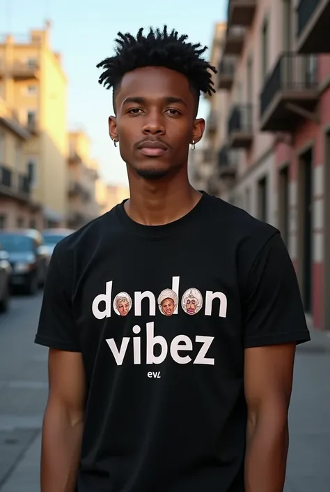 A man wearing a black T-shirt with the name dondon vibez on it 