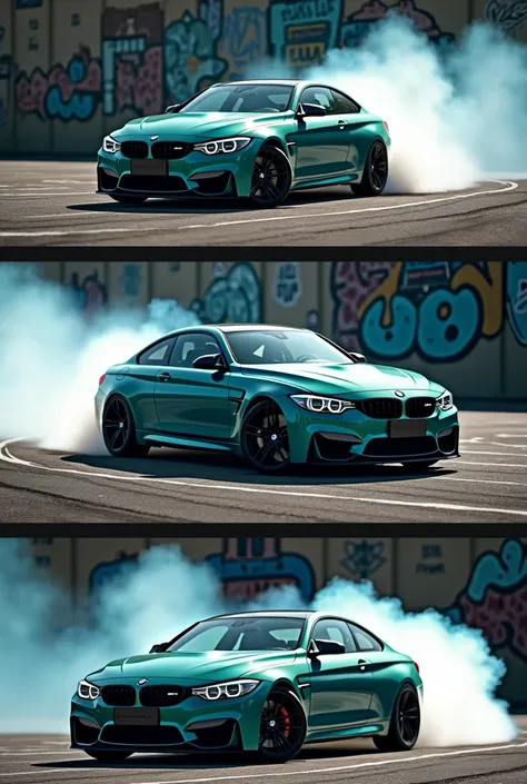 BMW M4 F82, drifting, RWD, rear view, multiple angles, graffiti, teal, white, and blue colors, dark background, detailed rims, smoke effects, in the style of street art