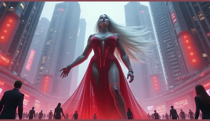 giantess art, a hyperrealistic, Super huge woman bigger than a skyscraper with white hair very attractive, majestic look, She has a beautiful, full chest and a wide cleavage, sexy cyber punk dress red with neon details, no underwear, shoes are taken off, F...