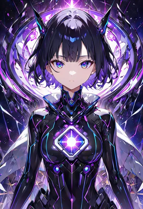  high quality 、 Highest image quality 、​masterpiece、 Ultra high resolution 、 beautiful android girl 、sixteen years old,  Cybersuit glowing black , Purple energy source for the breasts、 black hair、 short haired 、 multicolored eyes 、thin、 Face depicted in de...