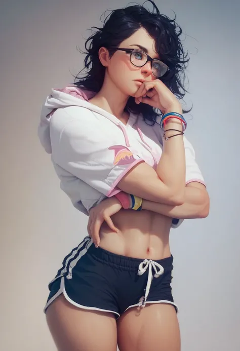 anime girl, straight black hair, fringe covering purple eyes, slightly messy hair, sporty dolphin shorts, white t-shirt, hoodie, glasses, fitness bracelet, shy