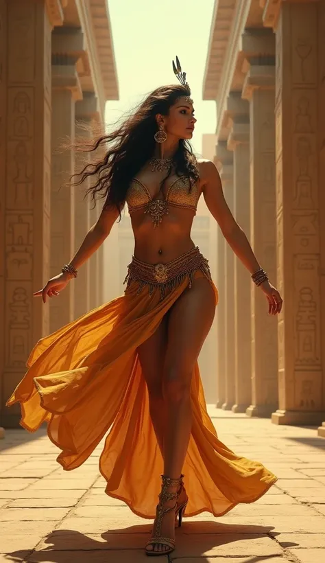 An attractive woman wearing Egyptian clothes is dancing inside an Egyptian temple. Woman looks real, age 25, big boobs, dances in an intimidating way.
