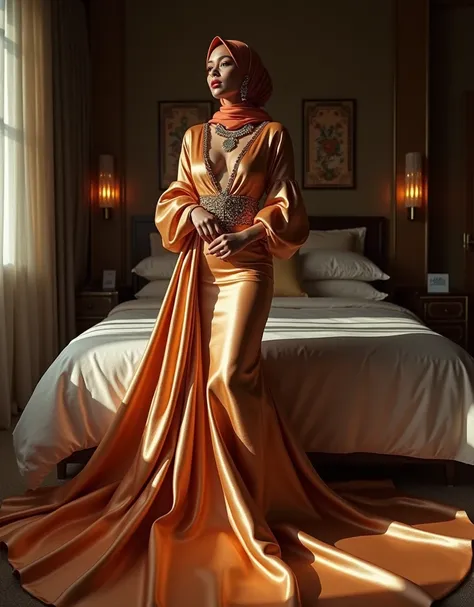 An malay woman in glamorous mermaid evening dress, long ballon sleeve bolero, long satin scarf wrapped around her arms, wear jewellery, wear modern satin hijab, entirety of fabric over dress about 7 meters in length trailing dramatically, glamours style, o...