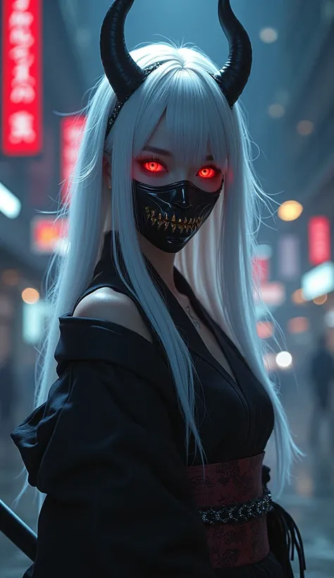 White-haired demon、Whole body expression、 Japanese、24 years old、woman、 beauty、Long white hair、White Eyes、The whites of the eyes are bright red 、 with bangs aligned above the eyebrows、 half of the face is hidden by a demon mask、Wearing a short kimono、 holdi...