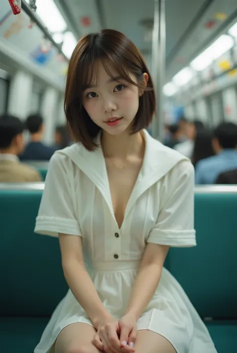 (18 years old、young、cute:1.3)、( Japanese teenage female idol :1.2)、( Tokyo Metro subway ), (A high school girl is sitting in a long seat in a subway car), The gaze is on the camera, smile, ((white sailor suit with a sense of sheer)),  cleavage,  Check Supe...