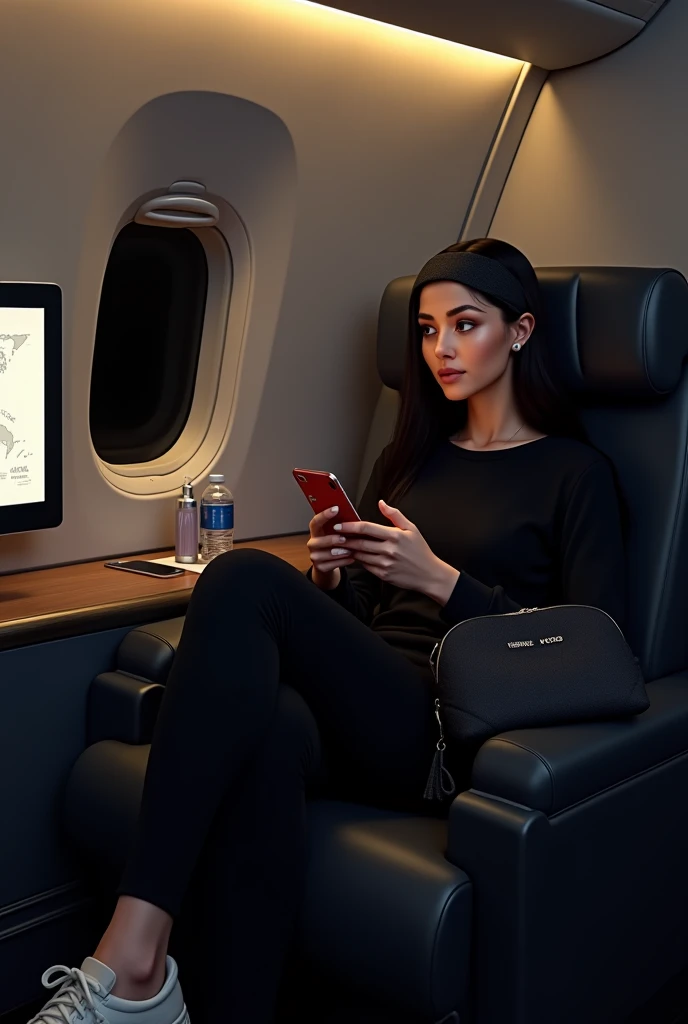 (photorealism:1.2), A woman seated in a plane seat, immersed in using her mobile phone, with the soft glow of the phone screen illuminating her face. The lighting in the plane is low, emphasizing a cozy nighttime ambiance. She is dressed in a black sweatsh...