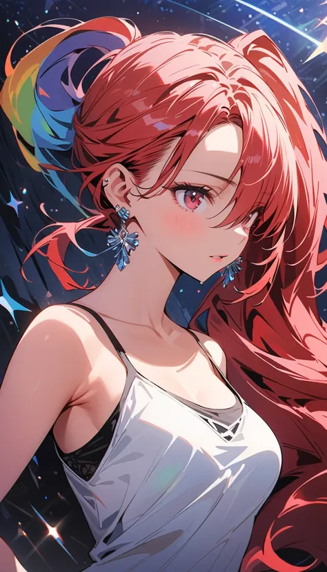 ( beautiful girl : 1.3), 1 girl,( camisole, upper body red , earrings for women with first name, boots), rainbow hair , side ponytail, Straight Long Hair , hair over one eye, No Emotion, very detailed, dynamic angle , cubism background,Starry night sky, Sk...