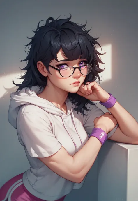 anime girl, beautiful female, straight black hair, fringe covering purple eyes, slightly messy hair, sporty dolphin shorts, white t-shirt, hoodie, glasses, fitness bracelet, shy