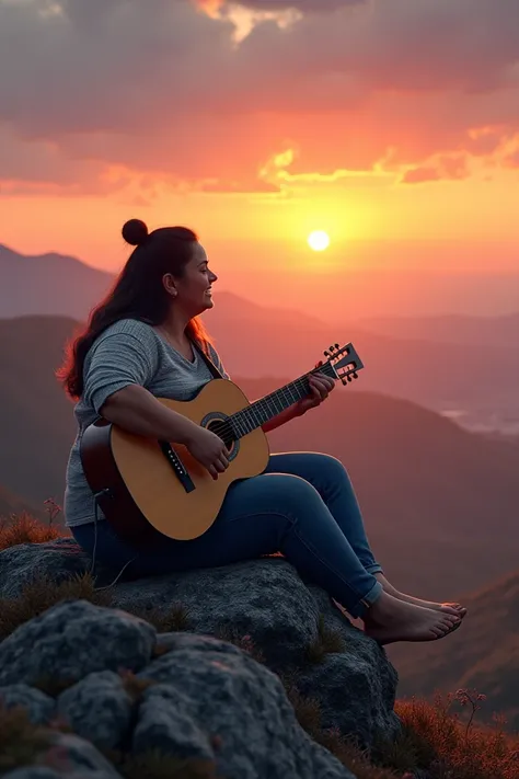 Fat woman sitting on the mountain with guitar watching the sun set