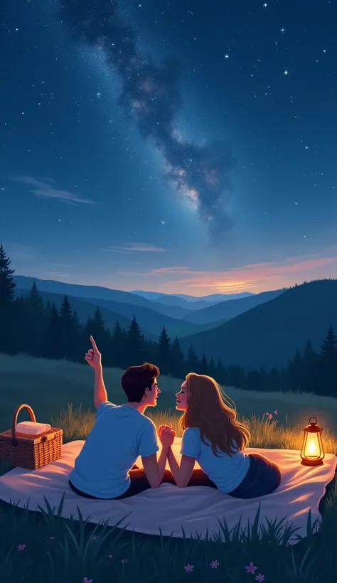 "A romantic and serene illustration of a couple lying on a blanket under a starry sky. They are holding hands, pointing at constellations, and smiling as they share this quiet, magical moment. The background features a wide-open field with soft grass, and ...