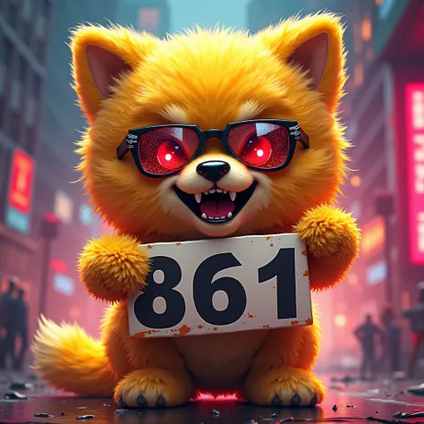 Put the big word “nottjoy 861” in the picture, make a cool, aggressive, gold-colored pompom dog, put on some graphic glasses. The picture is colorful.