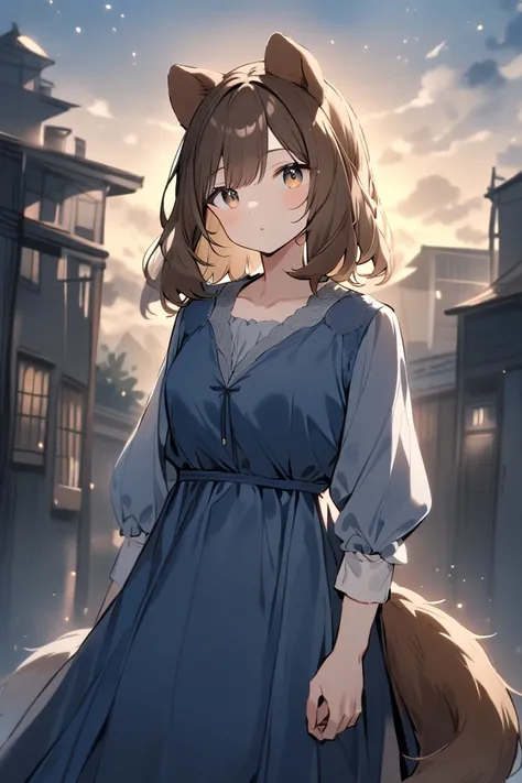   with dog ears and tail , brown hair and eyes with an evening blue dress 