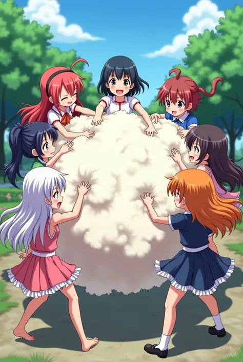 An anime-style art depicting many girls and ladies playfully wrestling with each other inside a park comical fight cloud.
each girl and lady has different  colored hair.
their faces,hands,and feet are visible emerging from the cloud as they tussle humorous...