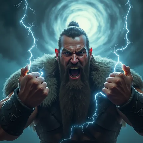 Face of an angry angry Viking doing superpowers with his hands raised blue and storm scenery in the background
