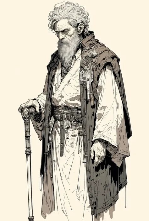  picture of an old man wearing a robe with a cane,Gray Hair,Whitebeard, very fine ink lines , More about ultra-fine ink, Drawn with a single line,  ink outline , Ultra-fine details, hand drawn, Very fine ink lines ,  picture on parchment , Single line draw...