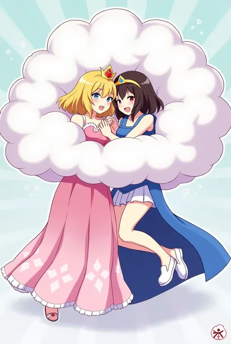 An anime-style art depicting 1princess and 1lady playfully wrestling with each other inside a  comical fight cloud (fairytaile cloud).
one princess with blonde braided and blue-eyes and pink-dress, and one lady with black long hiar and red-eyes and blue sl...