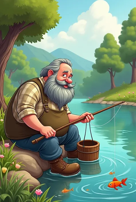 Cartoon Chubby old man, with dark beard,  sitting on the edge of a river, fishing