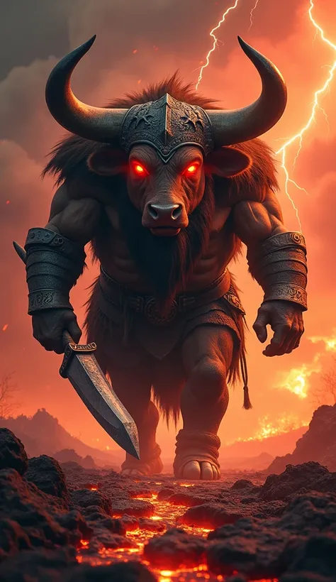 "Create an image of a Bull Viking with the ferocious face of a bull, featuring glowing, fiery red eyes, a massive, broad snout, and large, curved, razor-sharp horns that curl menacingly from the sides of its head. Its face is a perfect blend of brute force...