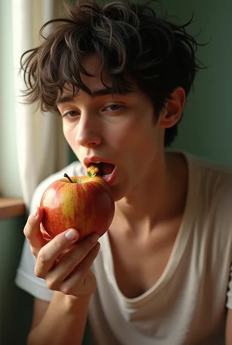 21 years old thin and tall boy with messy hair and eating a apple