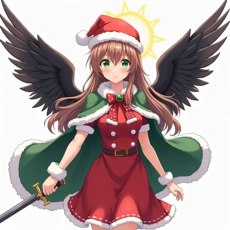 Anime female angel with a halo and Christmas hat and Christmas clothes and black wings and long brown hair holding a dagger at belly height on a white background