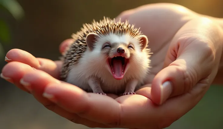 "A tiny hedgehog yawning in a palm, its little tongue visible and spikes perfectly textured, with soft ambient lighting, ultra-HD."

