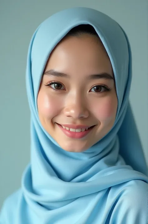 Stylish photography, young and beautiful Sundanese woman, fair-skinned with beautiful eyes , with the latest hijab model ,current ,light blue dye , smiling sweetly,ultra realistic,detail,ultra HD.