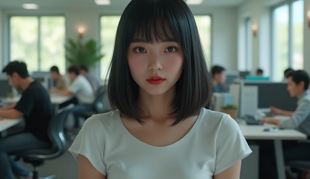 A young woman in her 40s, fair skin, straight, medium-length black hair, a pretty face, and wearing jeans and a white t-shirt. Her lips are matte red. Realistic, human image. 8k resolution
2. , Alice, who lives a life dedicated to work and family, with a t...