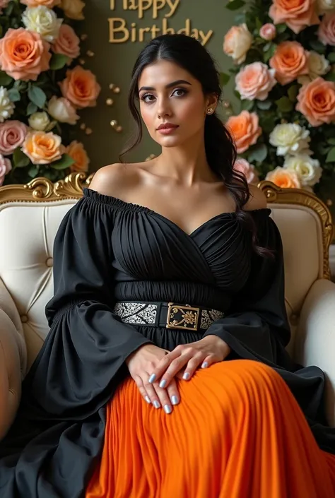 An Iranian woman with her hair tied back in a black dress with a white pleated pattern and wide guipure sleeves, a belt and a pleated orange skirt with large breasts, sitting on a luxurious single sofa and the wall decorated with flowers, looking at the ca...