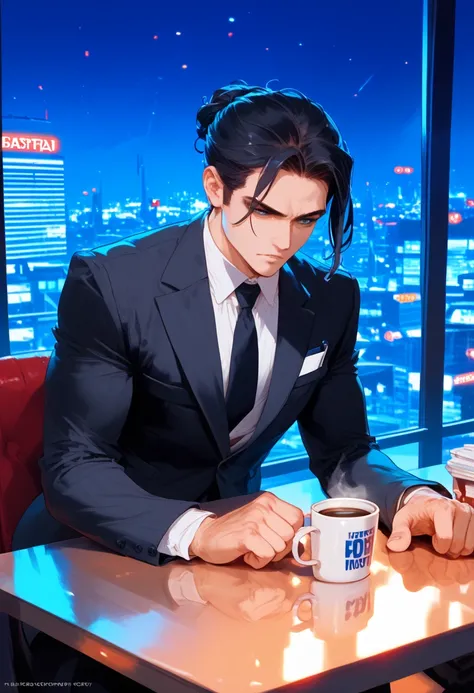 masterpiece, best quality, 1boy 1girl, dramatic scene, corporate cafeteria, night scene, city lights through window, modern office building, confrontation, man in business suit, woman with long black hair, mechanical right hand, coffee cup on table, dramat...