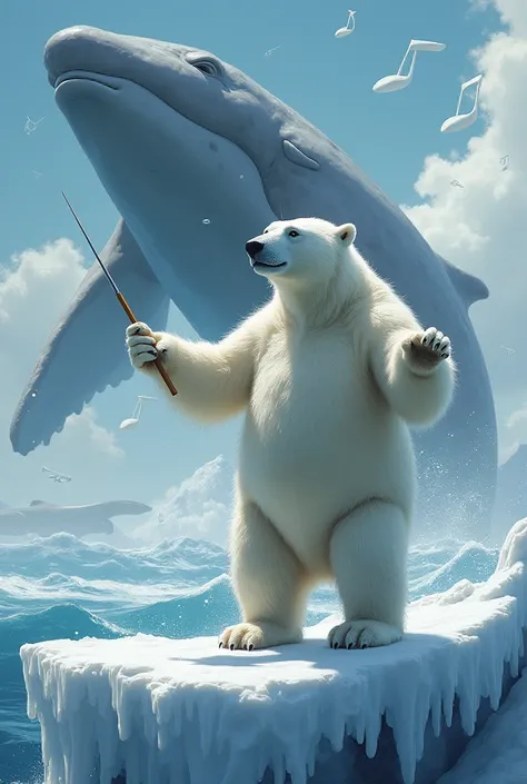  A polar bear conductor who directs whales. A big whale sticks its head out of the water in front of the bear.  There are musical notes flying in the sky . They are on an ice floe .