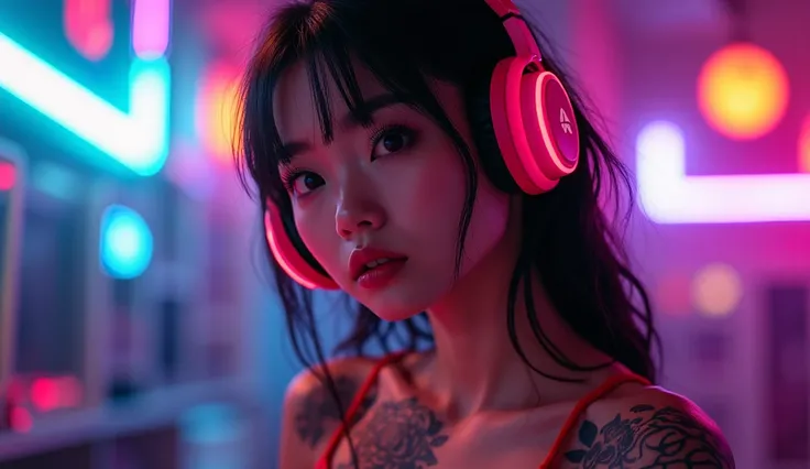 Cute asian girl with glowing neon tatoos wearing headphones,in the background cyberpunk, cyber background,  girl looking at viewer,  highly realistic, dynamic sexy pose,  cute,  seducing pose , butt naked