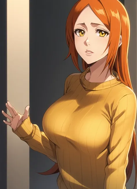 bleach style, inoue orihime,  Rukia Kuchiki, 2girl,  lips, long hair, looking at viewer, multiple hairpins, orange hair, sidelocks, solo, sweater, yellow eyes, yellow sweater,  ((masterpiece))  