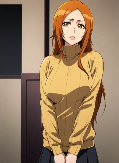 bleach style, inoue orihime,  Rukia Kuchiki, 2girl,  lips, long hair, looking at viewer, multiple hairpins, orange hair, sidelocks, solo, sweater, yellow eyes, yellow sweater,  ((masterpiece))  