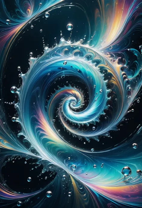 A surreal and abstract image of a concept, where water is designed in the shape of an non-Euclidean spiral planes, defying gravity. water is swirling in a hypnotic pattern, symbolizing quantum entanglement. The background is ethereal and dreamlike, with so...