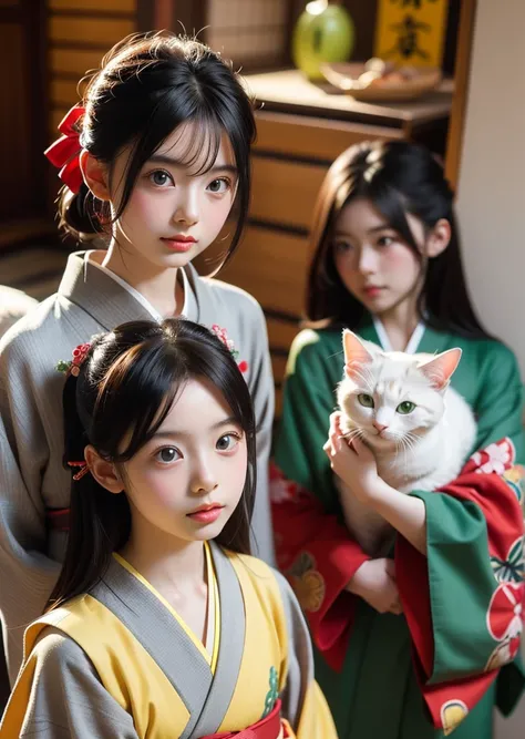  A white and gray cat wearing red and green kimono is standing,  cute adult cat wearing a Japanese kimono 、 playful with a hairpin attached to a black dumpling hair wig 、 dark yellow round big beautiful eyes 、Put a big snake toy in front of you 、  staring ...