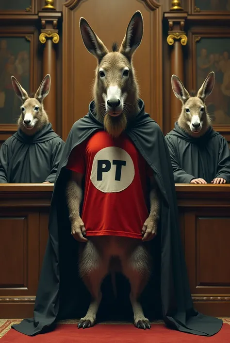  Court with judges with long black capes and rat heads. in the center,  a bearded donkey with a red shirt ,  white circle print with black letters , text PT 