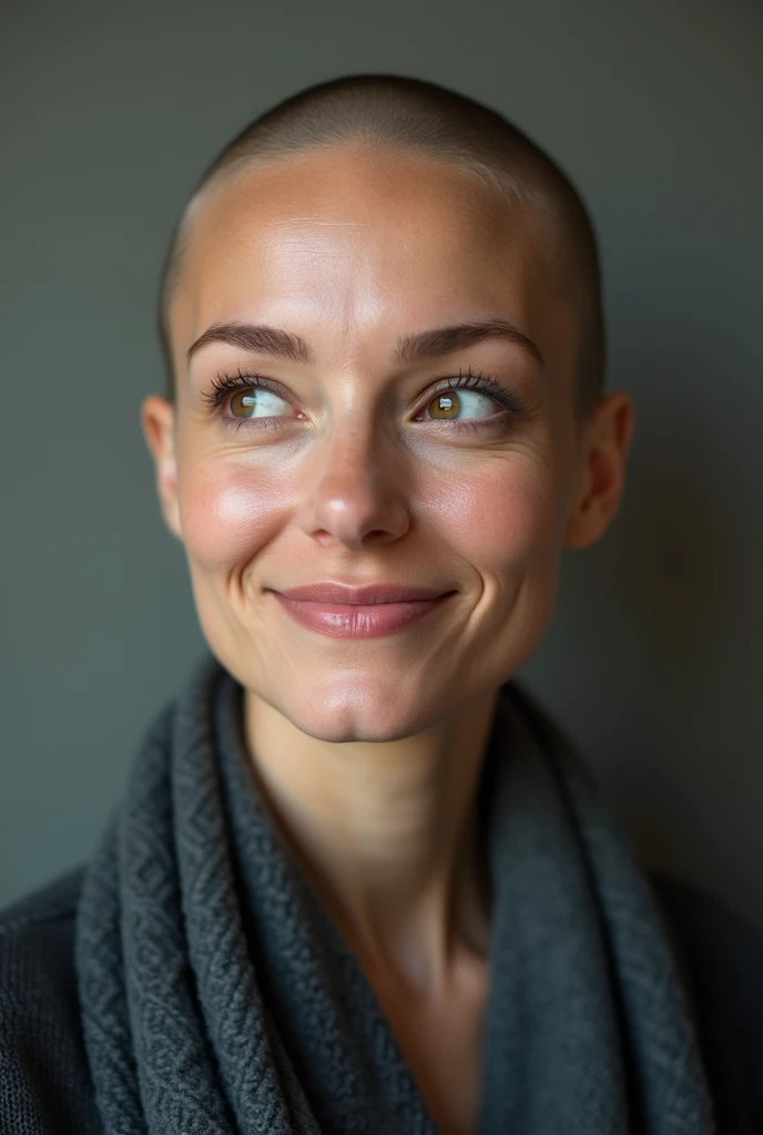 35 years old woman, bald, thin, shy smiling showing white teeth, hazel eyes, high middle class, white, portrait, studio photoshoot