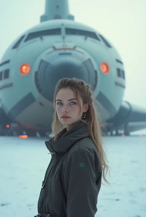 Portrait of a Sci-Fi apocalyptic gorgeous European hot woman. Age 23, standing in the snow next to a giant futuristic shuttle, highres