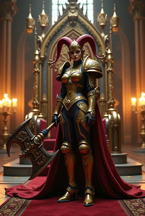 A powerful female warrior jester inspired by Warhammer, wielding a colossal, intricately detailed warhammer, standing with commanding presence next to a majestic kings throne. The scene unfolds in a grand hall with gothic futuristic architecture, illuminat...