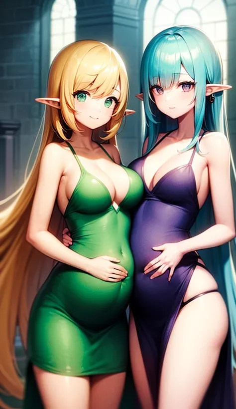 The image is of two cute Japanese anime-style pregnant women, Elf beautiful girls. One character has long mint green hair and delicate and decorative accessories, while the other boasts a pink hair flowing gracefully vertically. Both characters have sharp ...