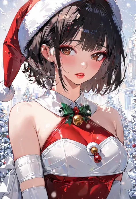  1girl, One,  masterpiece fails,  top quality,  high resolution, very detailed, (illustration),  beautiful expressive eyes ,  black hair,  short hair ,  brown eye  ,shiny lips, makeup,  Long white satin elbow length gloves, (Santa), red Santa dress, Santa ...