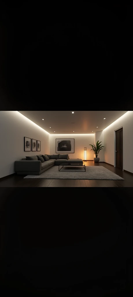 White walls with dark gray floor and gray interiors, sofa and carpet that match it with a modem look and wam lights and walls with frames 